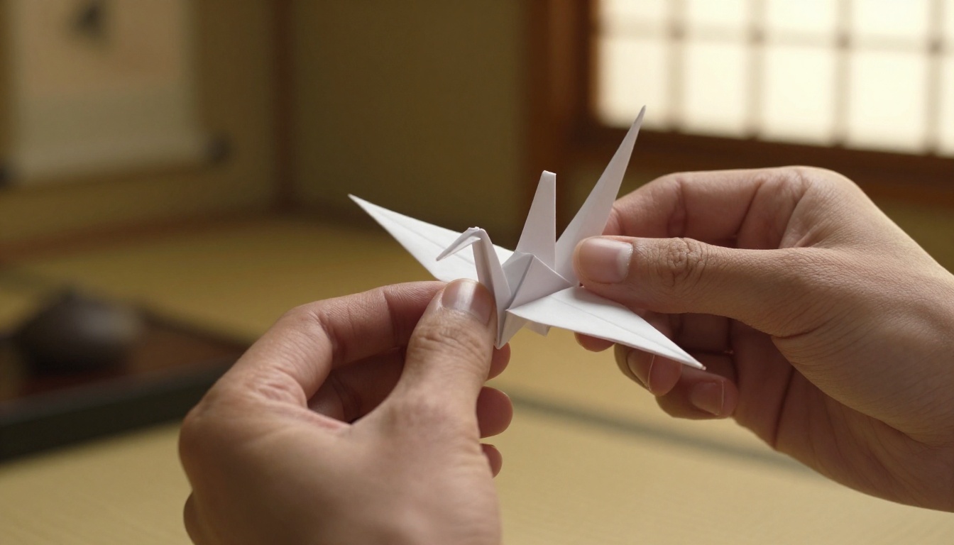Elegant hands delicately holding a small white origami crane with warm shoji screen lighting behind
