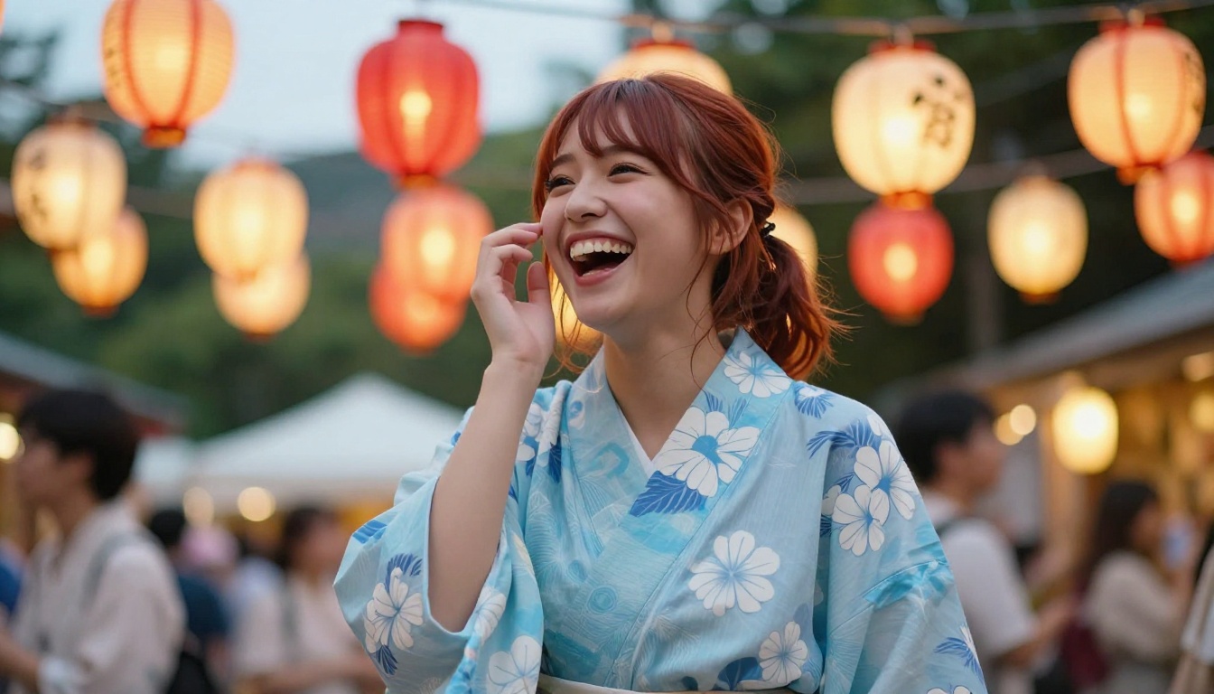 Young woman in a pale blue yukata laughing at a Japanese summer festival with red lantern bokeh