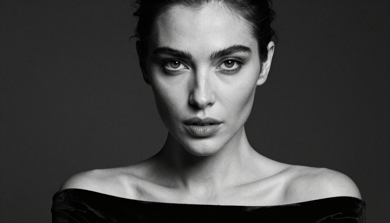 Dramatic glamour portrait with Rembrandt lighting, black velvet top, deep chiaroscuro shadows