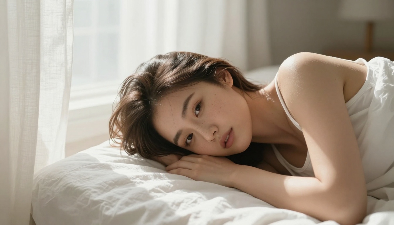 A woman waking in a sunlit bedroom, white camisole, golden morning light through sheer linen curtains