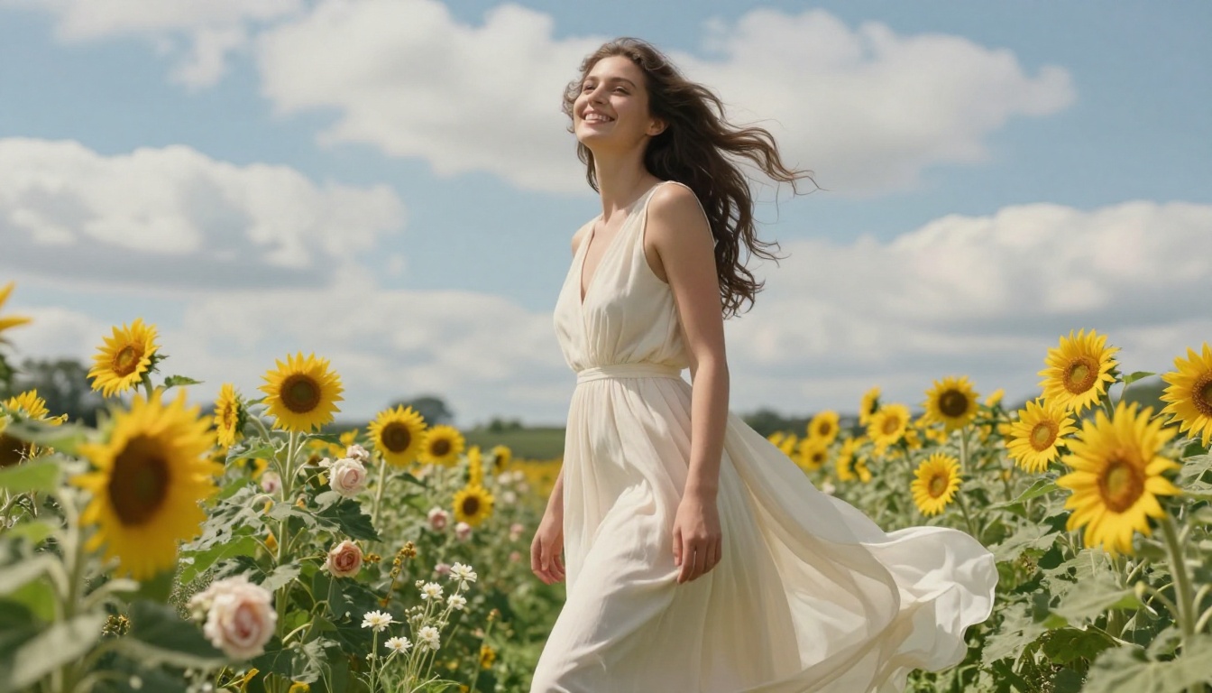 A tall woman in ivory chiffon maxi dress standing in a lush English garden, low-angle upward shot, wildflowers in bokeh