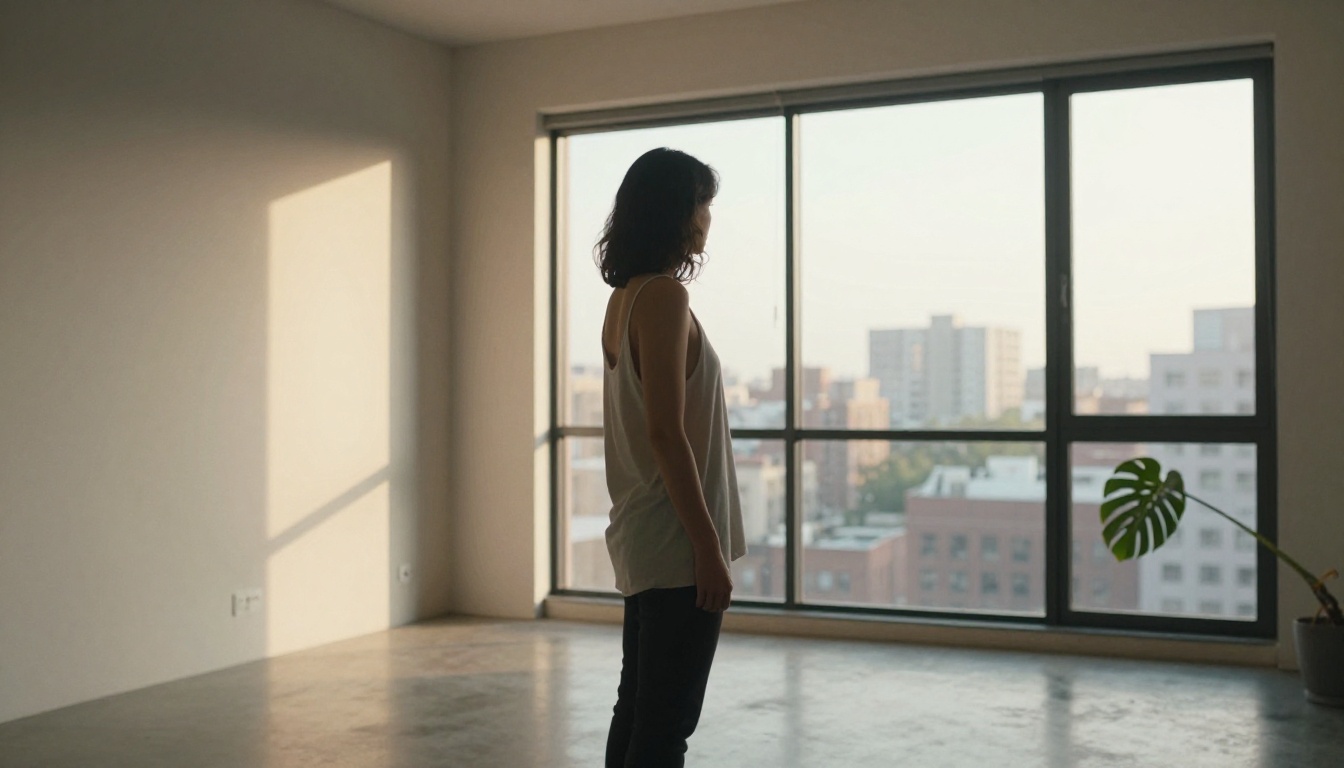 A woman standing by a floor-to-ceiling window in a minimalist loft apartment, morning backlight creating a glowing rim light, urban cityscape beyond