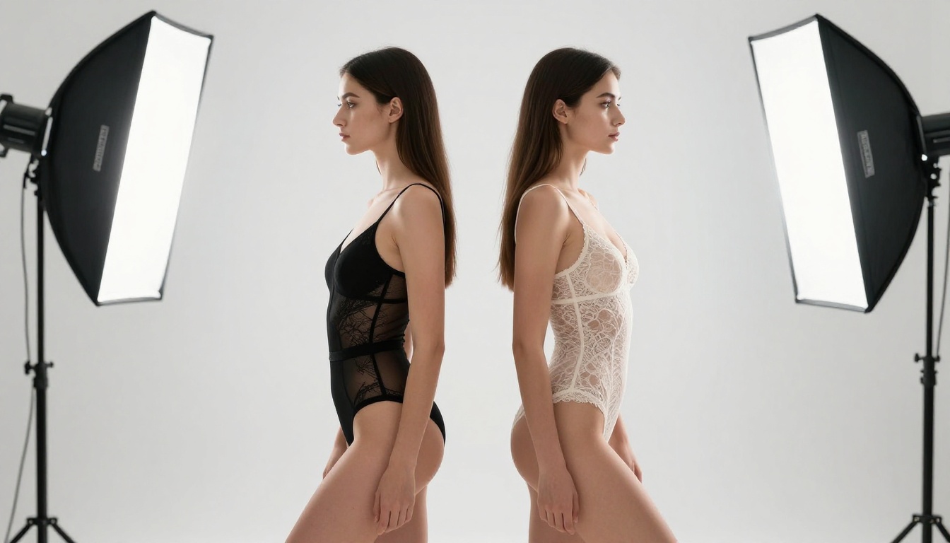 Two women in editorial fashion standing back-to-back in a white studio, contrasting lingerie and bodysuit styles