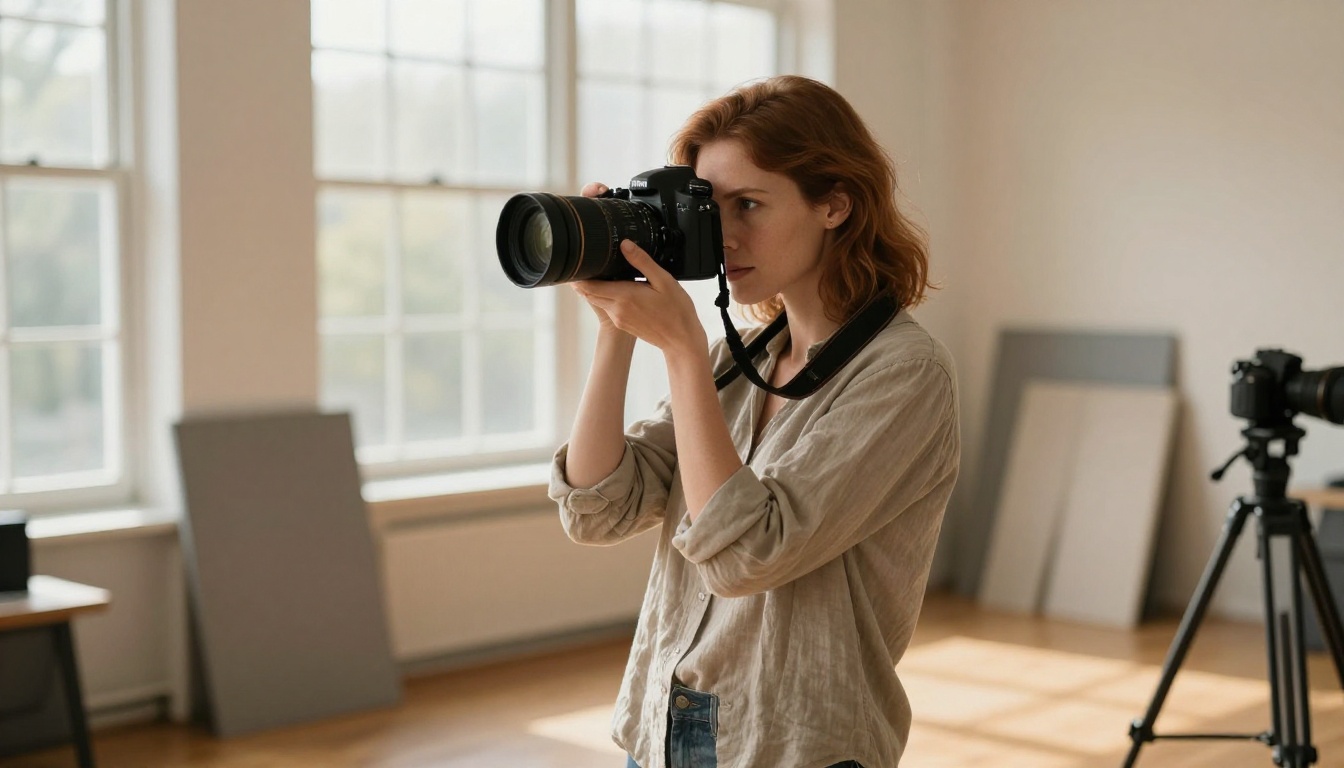 Professional photographer reviewing AI-generated image outputs in a studio