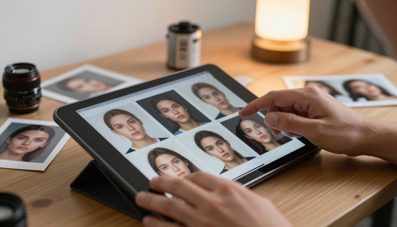 Hands scrolling through AI-generated photorealistic portrait results on a tablet
