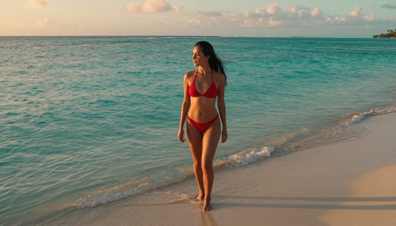 A beautiful woman in a high-cut red bikini at the edge of a turquoise tropical ocean at golden hour A beautiful woman in a high-cut red bikini at the edge of a turquoise tropical ocean at golden hour