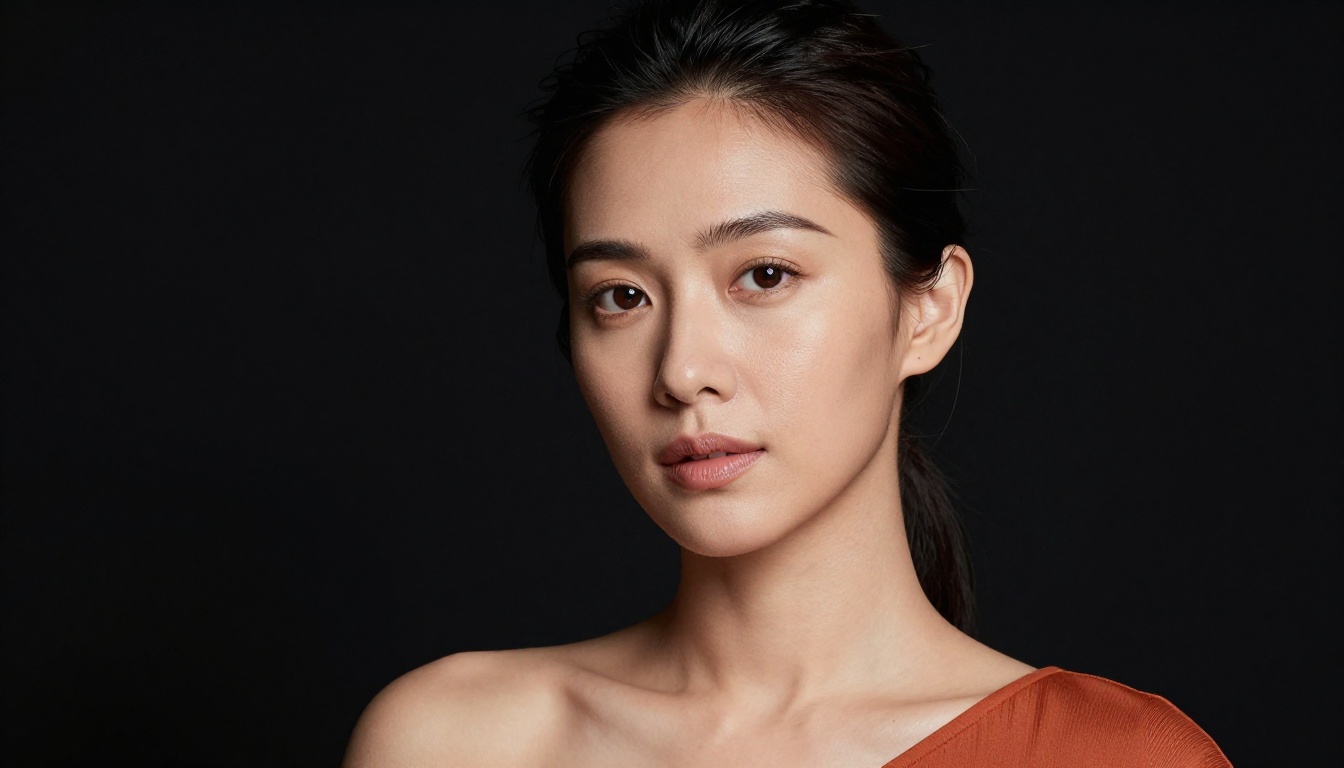 Studio beauty portrait with Southeast Asian features, Rembrandt lighting, rust-orange top Studio beauty portrait with Southeast Asian features, Rembrandt lighting, rust-orange top