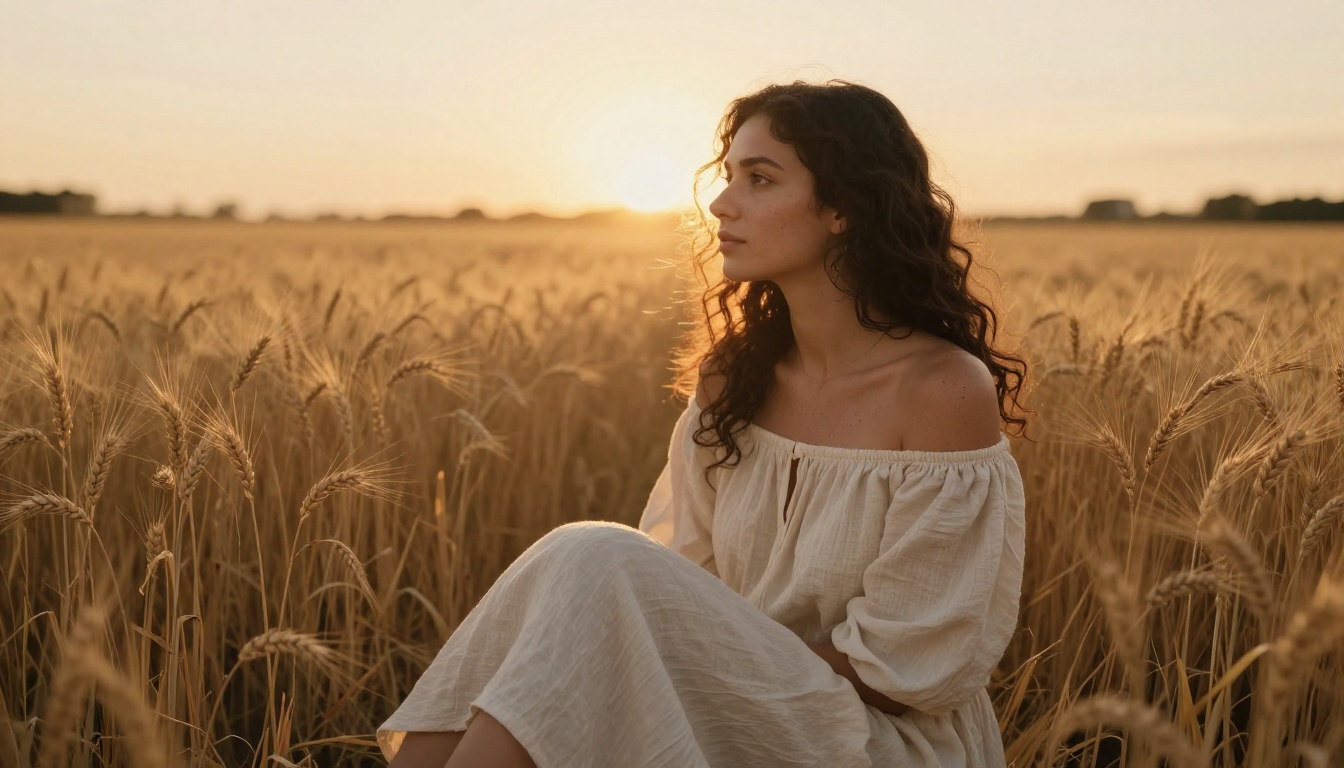 Young woman in a golden-hour wheat field, warm backlit photography