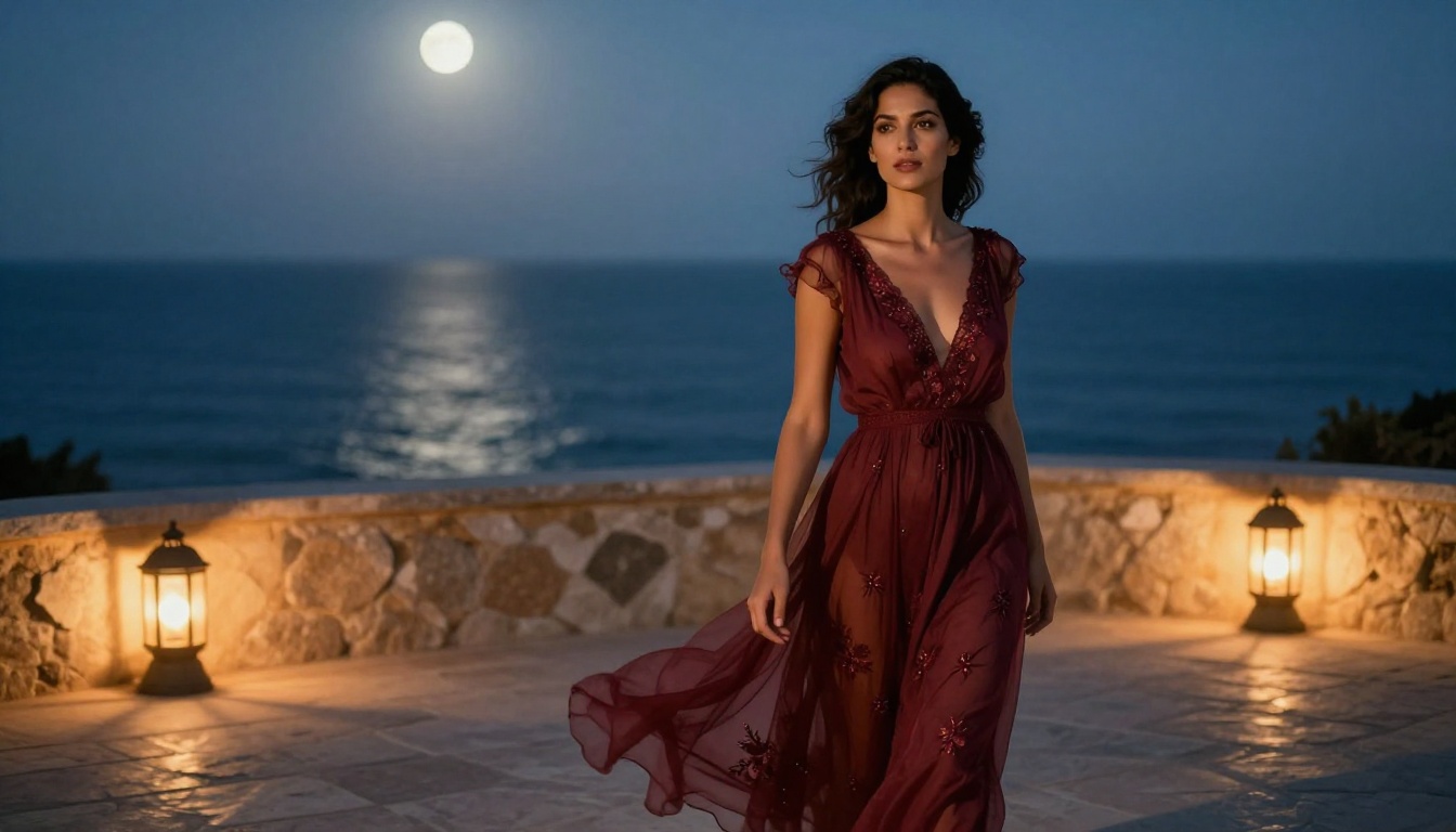 Mediterranean woman in burgundy dress on stone terrace, moonlit sea, evening light Mediterranean woman in burgundy dress on stone terrace, moonlit sea, evening light
