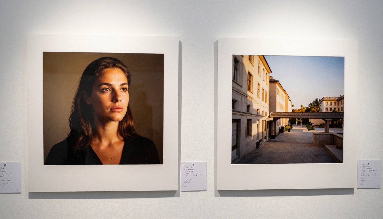 Two photographic prints compared side by side in a minimalist gallery space
