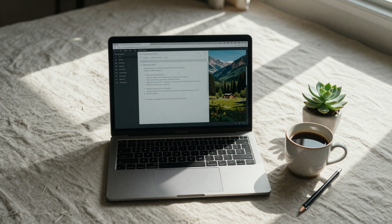 Overhead view of a laptop running an AI generation interface with morning light