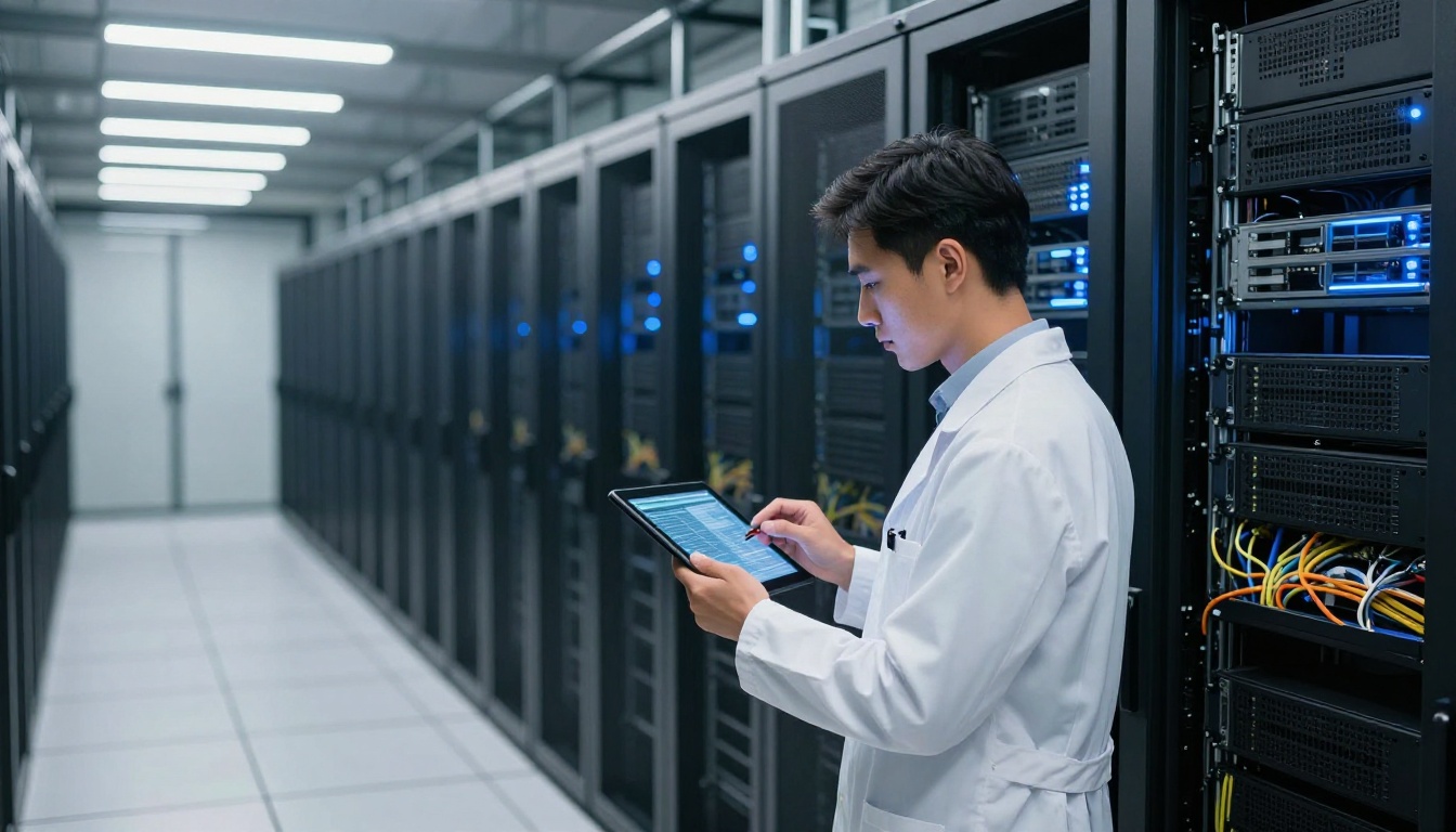 Data center server room with technician reviewing AI model diagnostics