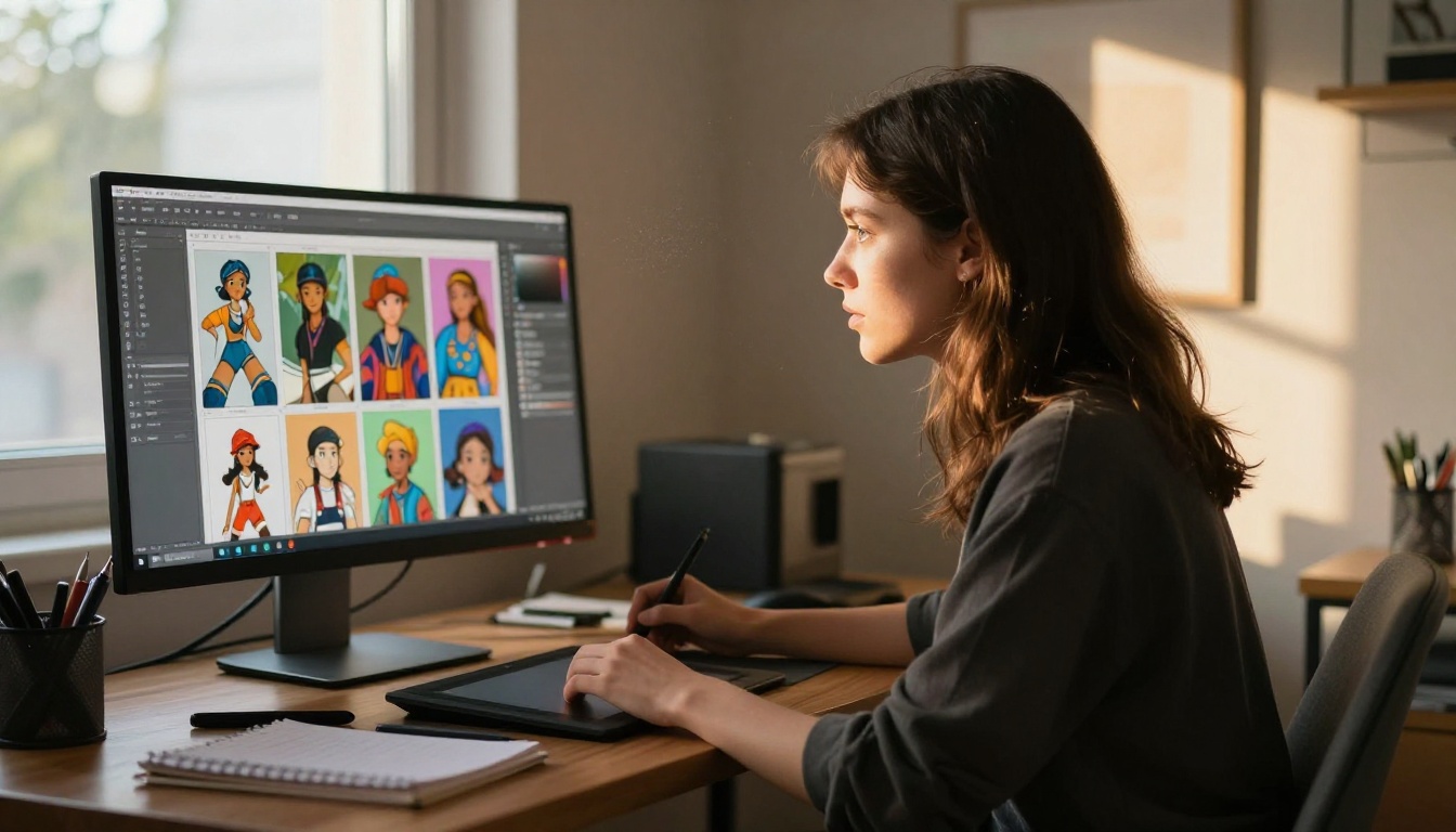 Creative professional studying character design on a monitor at a desk