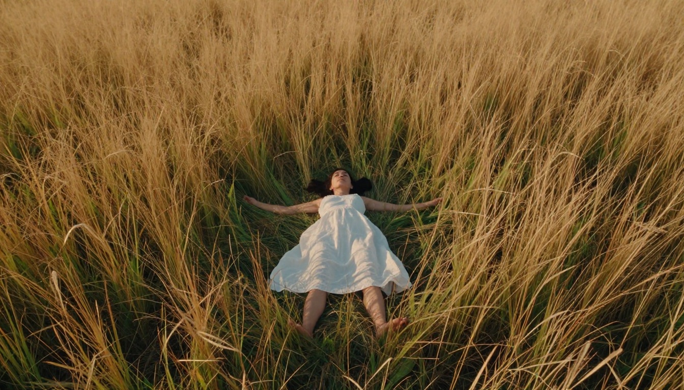 Aerial view of a woman in a golden grass field in peaceful afternoon light
