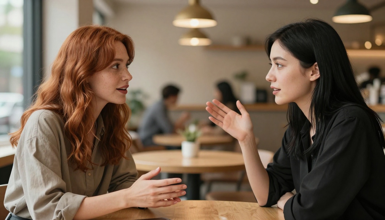 Two women with contrasting aesthetics engaged in warm conversation