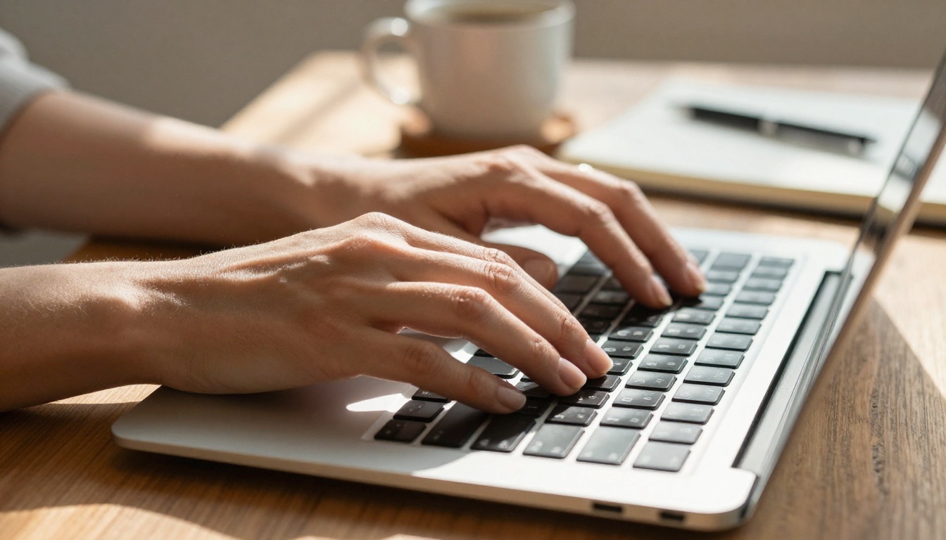 Close-up of hands at a laptop keyboard in warm afternoon light
