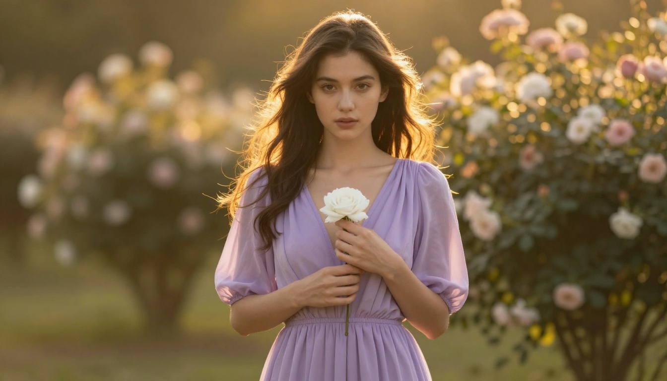 Woman in a sunlit garden in a lavender dress, warm golden bokeh background