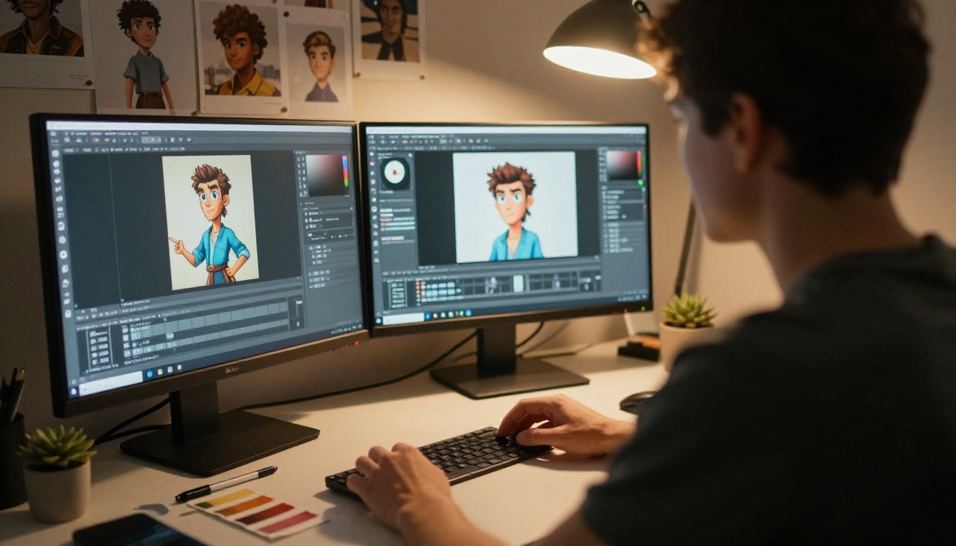 Creative workstation with dual monitors displaying character concept art