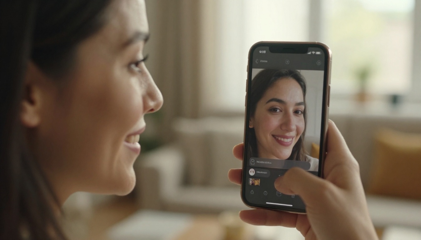 Woman checking AI companion chat interface on smartphone, warm afternoon light