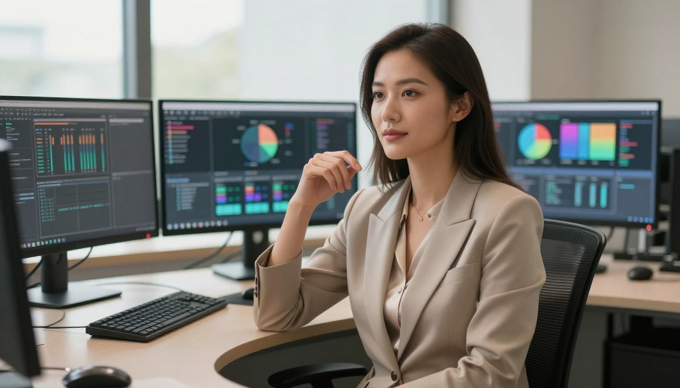 Confident woman at modern tech workspace with multiple monitors behind her, natural skylight illumination