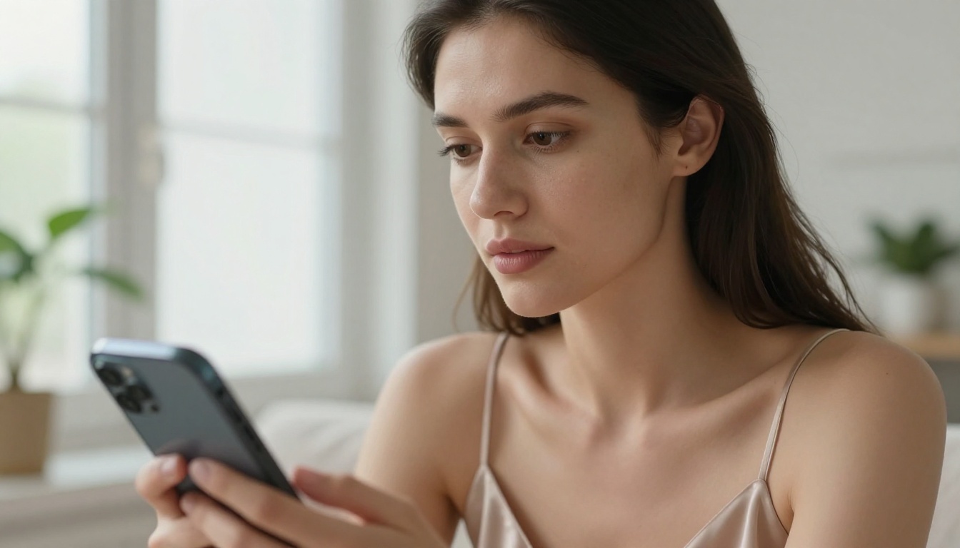 Woman browsing AI-generated art on her phone in a modern apartment with soft diffused light
