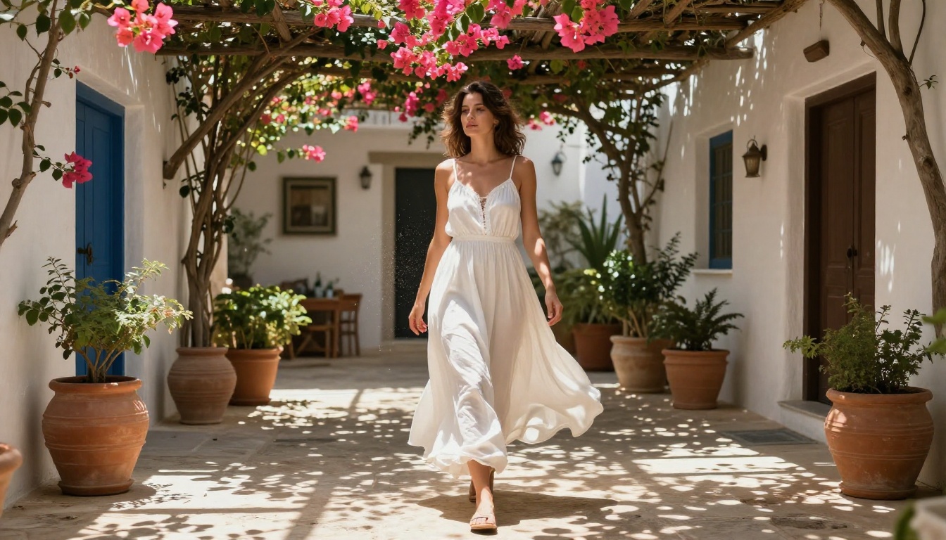 Woman in white sundress in Mediterranean courtyard, dappled sunlight through pergola
