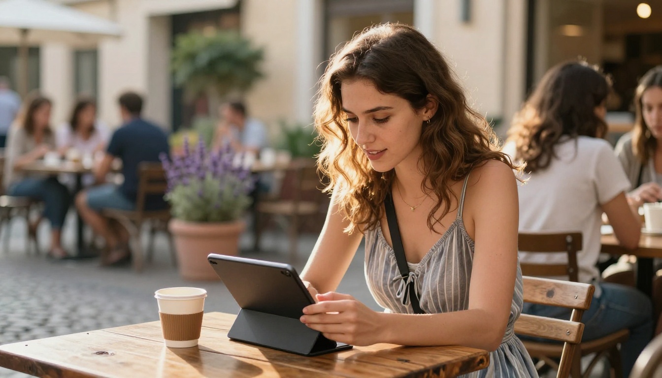 Woman at a café terrace with a tablet showing colorful AI artwork, warm afternoon backlight in her hair