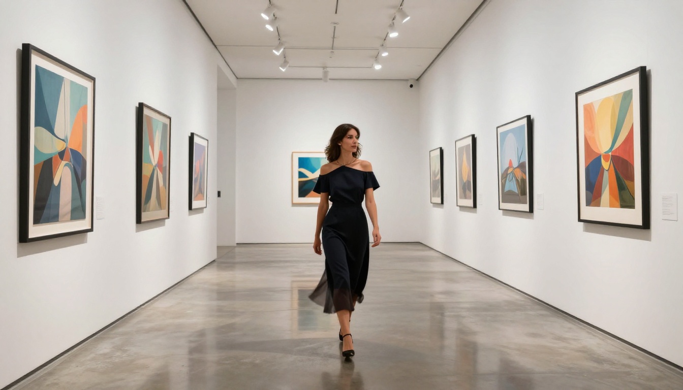 Woman walking confidently through a modern art gallery corridor, off-shoulder dress, gallery spotlights overhead