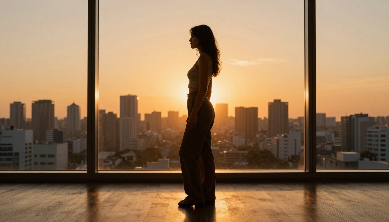 Woman standing at golden hour by floor-to-ceiling windows with city skyline bokeh behind her