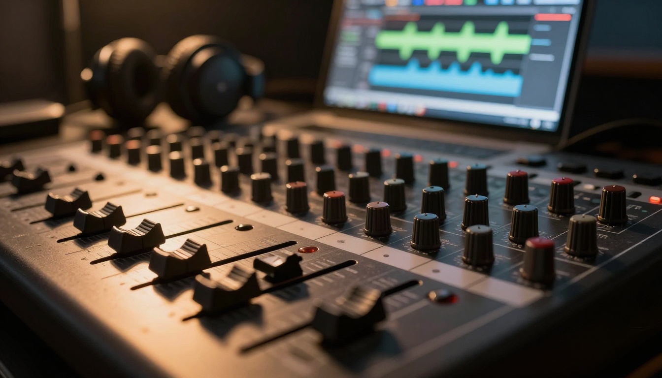 Professional mixing board with headphones and blurred video timeline Professional mixing board with headphones and blurred video timeline