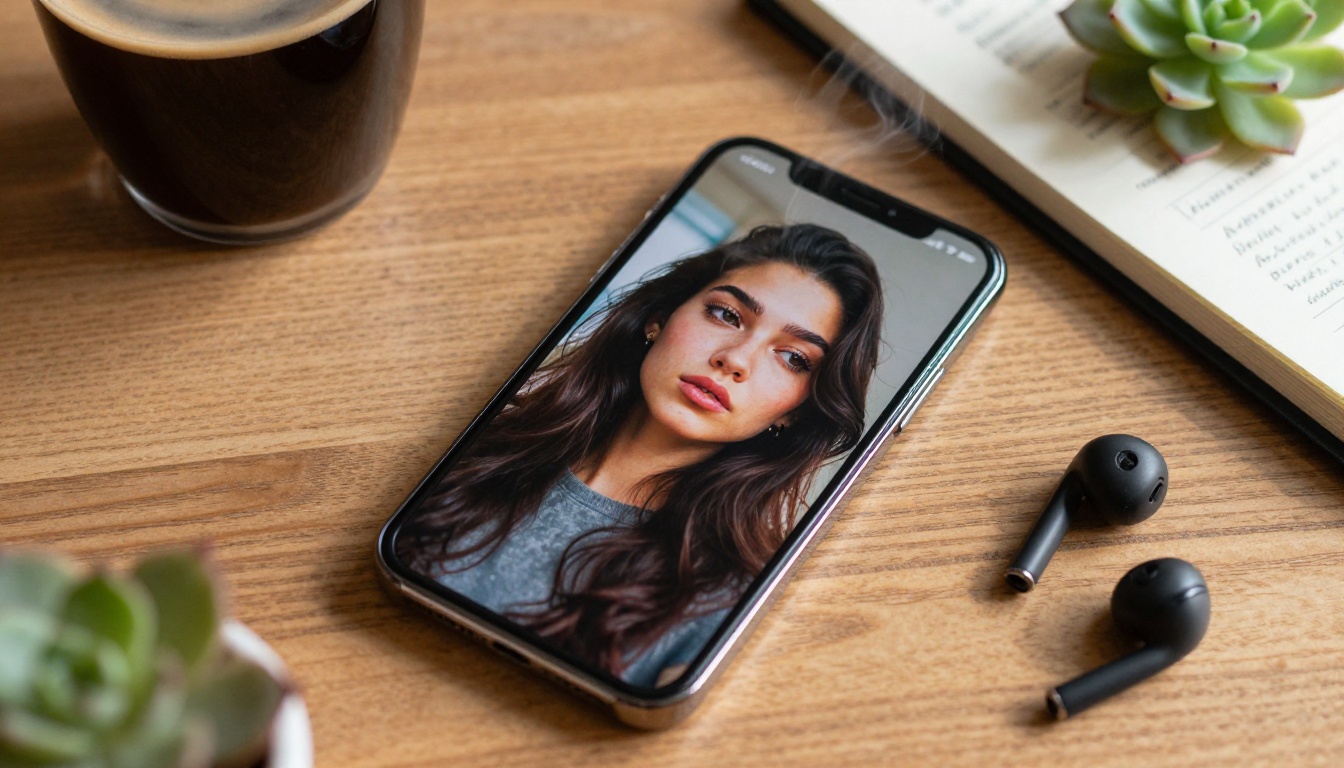Flat lay of a smartphone on a wooden desk showing vivid AI-generated portrait artwork, warm morning light casting long shadows