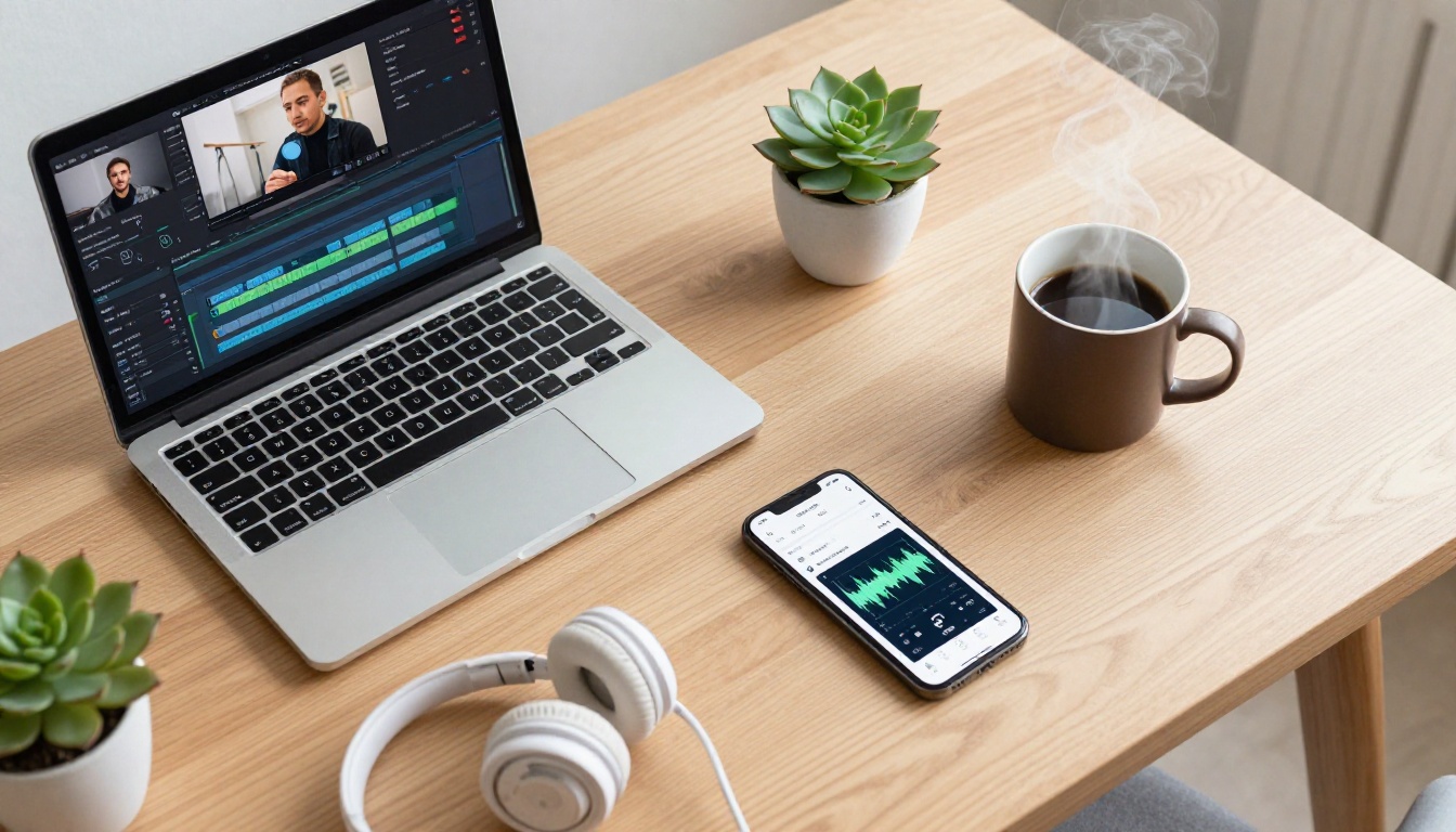 Aerial flat-lay of a creative workspace with laptop, headphones, and coffee Aerial flat-lay of a creative workspace with laptop, headphones, and coffee