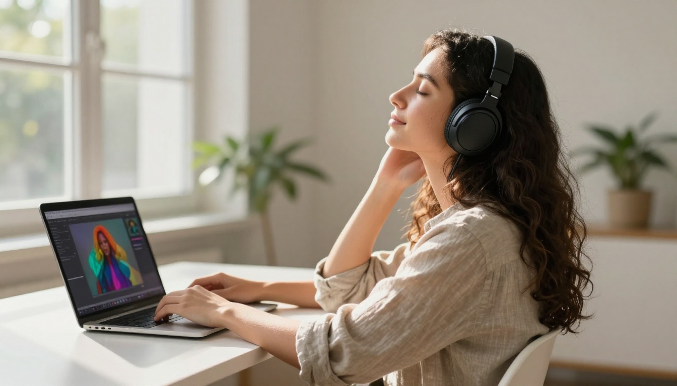 Woman with headphones enjoying AI-generated music while watching video content Woman with headphones enjoying AI-generated music while watching video content