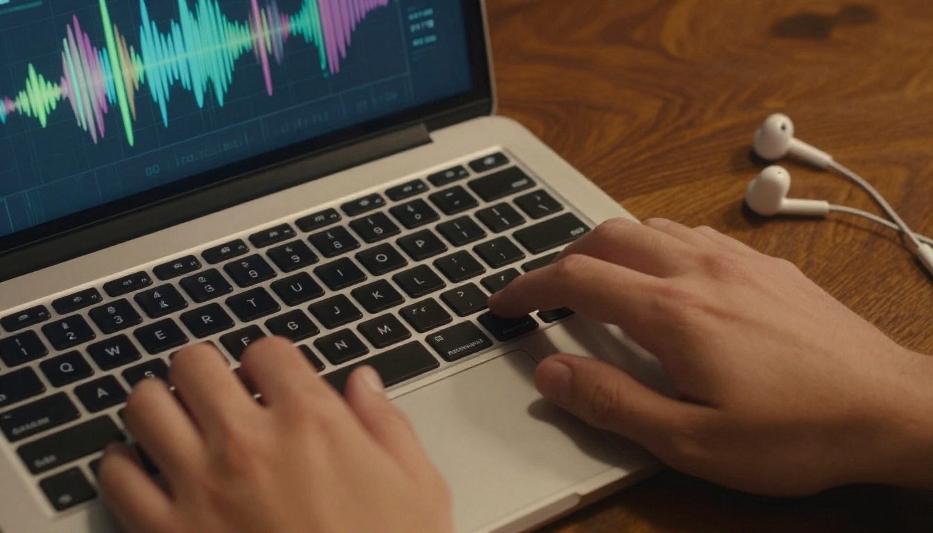 Close-up of hands typing on keyboard with audio waveforms reflected in keys Close-up of hands typing on keyboard with audio waveforms reflected in keys