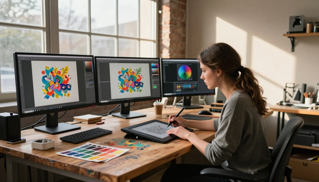 Woman digital artist in a sunlit home studio with drawing tablet and multiple screens showing AI artwork