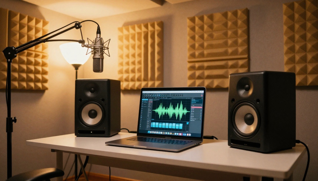 Professional home recording studio with monitor speakers and music generation interface Professional home recording studio with monitor speakers and music generation interface
