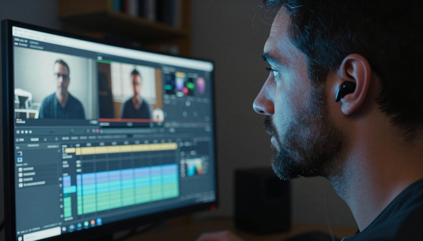 Man using earbuds while working on video editing interface at night Man using earbuds while working on video editing interface at night