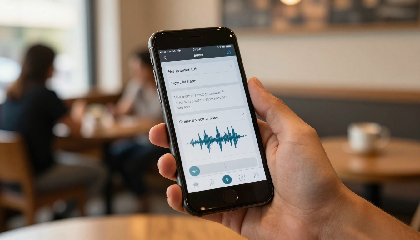 Smartphone displaying an AI music generation app in a coffee shop setting Smartphone displaying an AI music generation app in a coffee shop setting