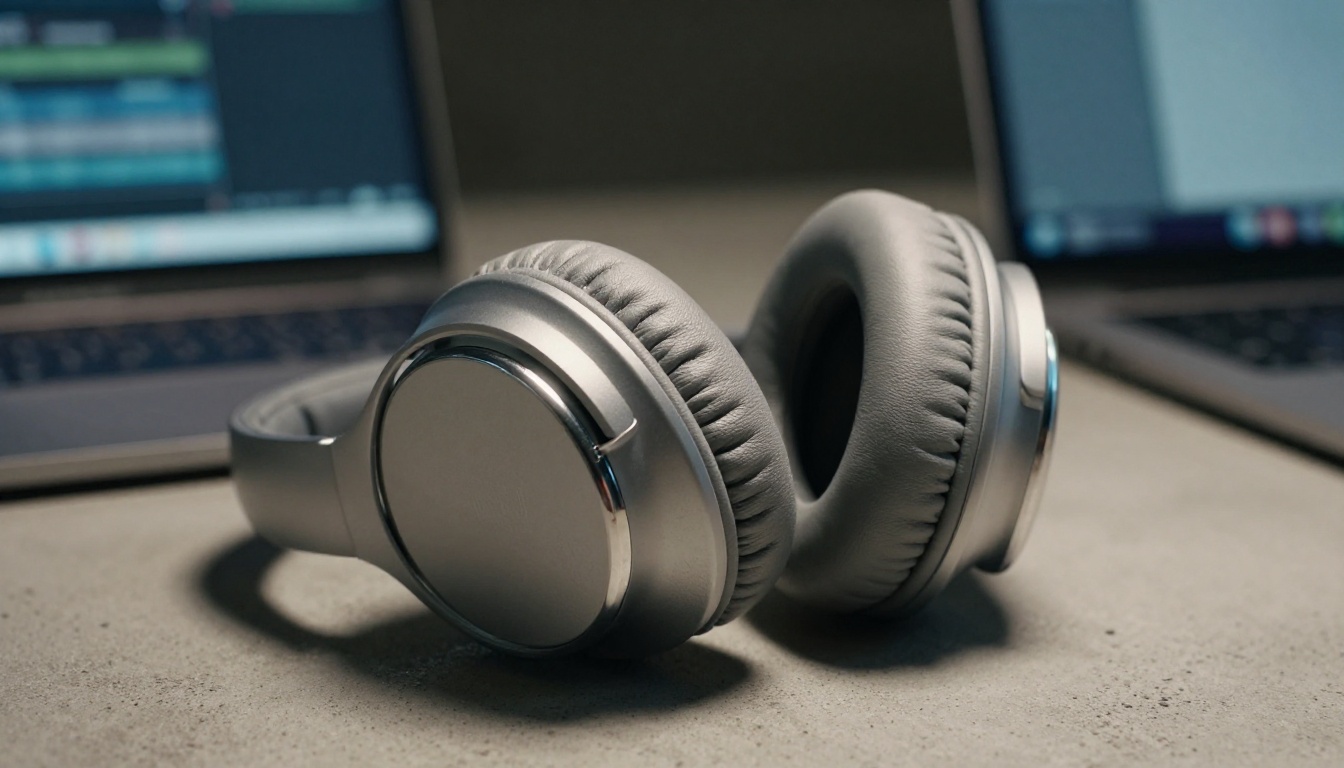 Premium studio headphones close-up on a concrete desk with blurred video timeline background Premium studio headphones close-up on a concrete desk with blurred video timeline background