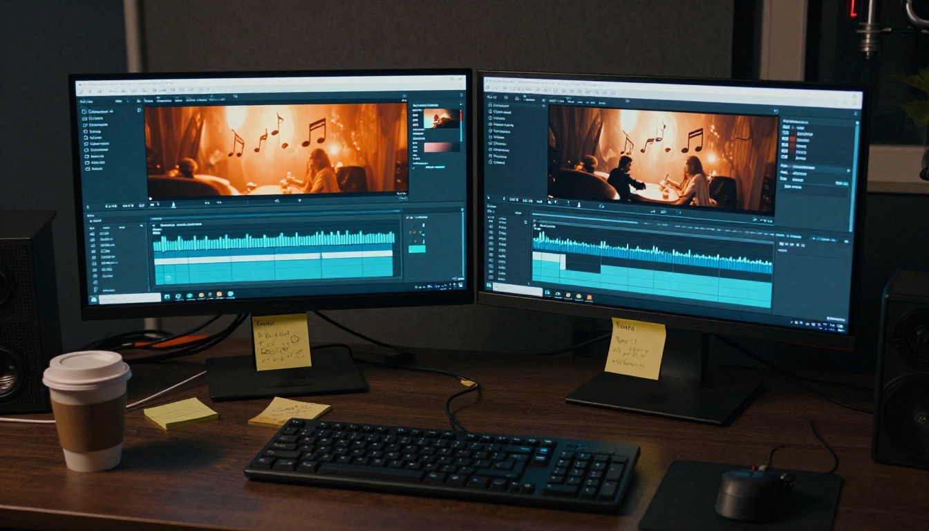 Night-time dual-monitor video editing setup with warm screen glow and audio waveforms visible Night-time dual-monitor video editing setup with warm screen glow and audio waveforms visible