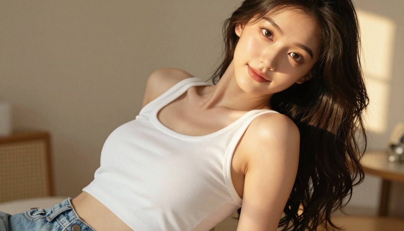 Beautiful young woman with expressive anime eyes wearing crop top, golden hour light Beautiful young woman with expressive anime eyes wearing crop top, golden hour light