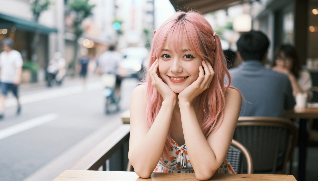 Young woman with pink twin-tails hairstyle at a Tokyo cafe terrace Young woman with pink twin-tails hairstyle at a Tokyo cafe terrace