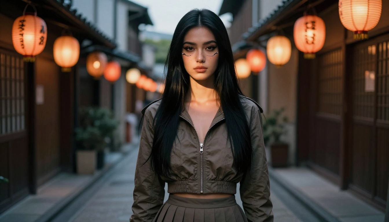 Confident young woman with black hair in a narrow lantern-lit Japanese alley at dusk Confident young woman with black hair in a narrow lantern-lit Japanese alley at dusk