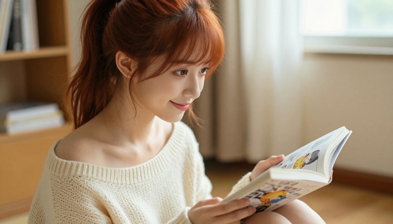 Auburn-haired young woman reading manga on a wooden floor, off-shoulder sweater Auburn-haired young woman reading manga on a wooden floor, off-shoulder sweater