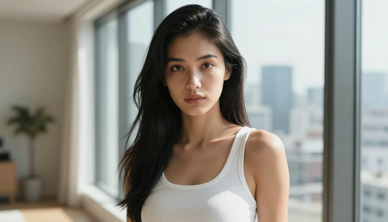 Young woman with long black hair standing near a sunlit window in a minimalist Tokyo apartment Young woman with long black hair standing near a sunlit window in a minimalist Tokyo apartment