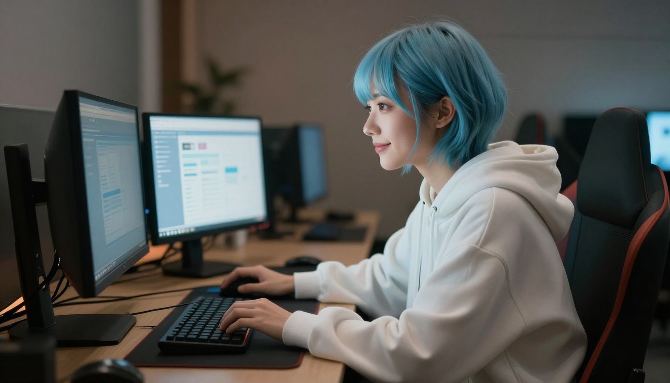 Young woman with blue hair at gaming desk, mixed warm and cool screen glow on her face Young woman with blue hair at gaming desk, mixed warm and cool screen glow on her face