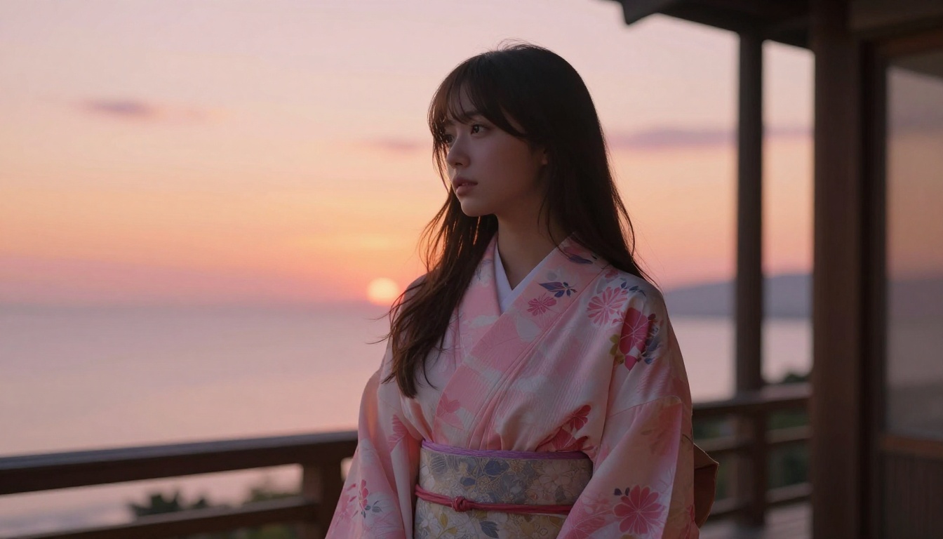 Beautiful young woman in floral yukata on a wooden engawa porch at golden hour sunset Beautiful young woman in floral yukata on a wooden engawa porch at golden hour sunset
