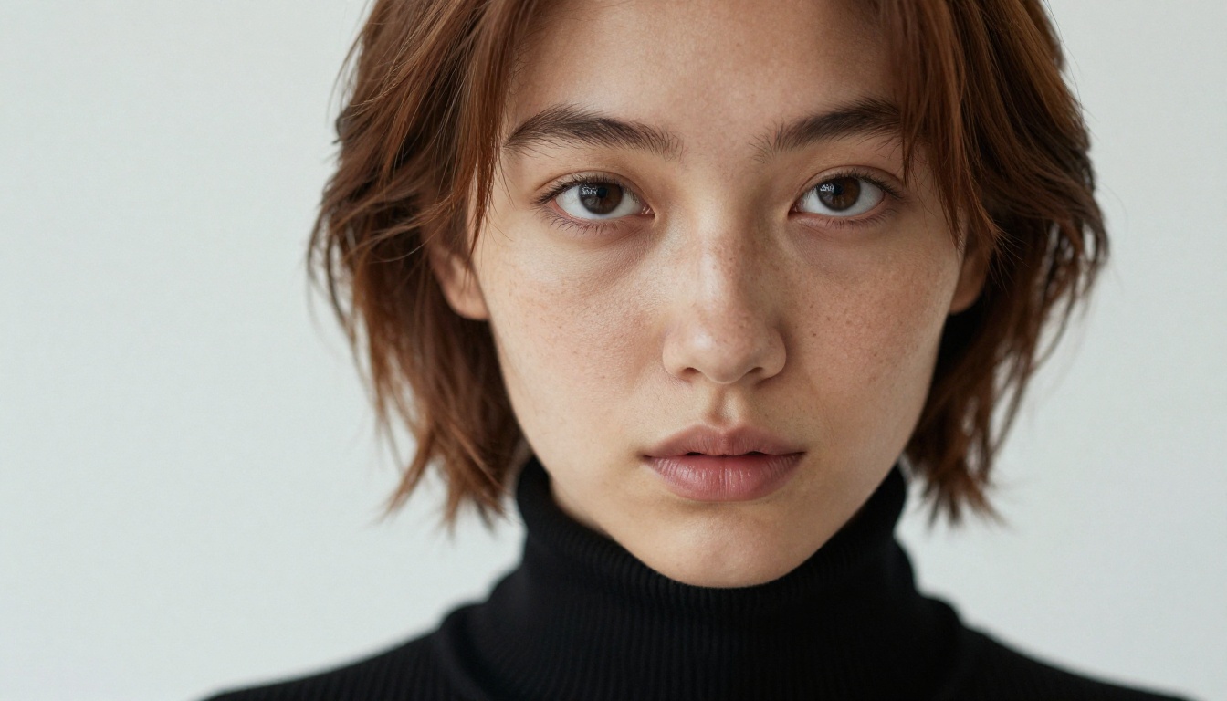 Close-up editorial portrait of young woman with freckles in a black ribbed turtleneck Close-up editorial portrait of young woman with freckles in a black ribbed turtleneck