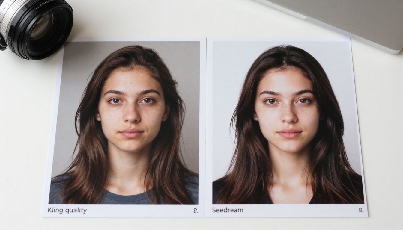 Printed photo comparison pages on white desk, flat lay natural light