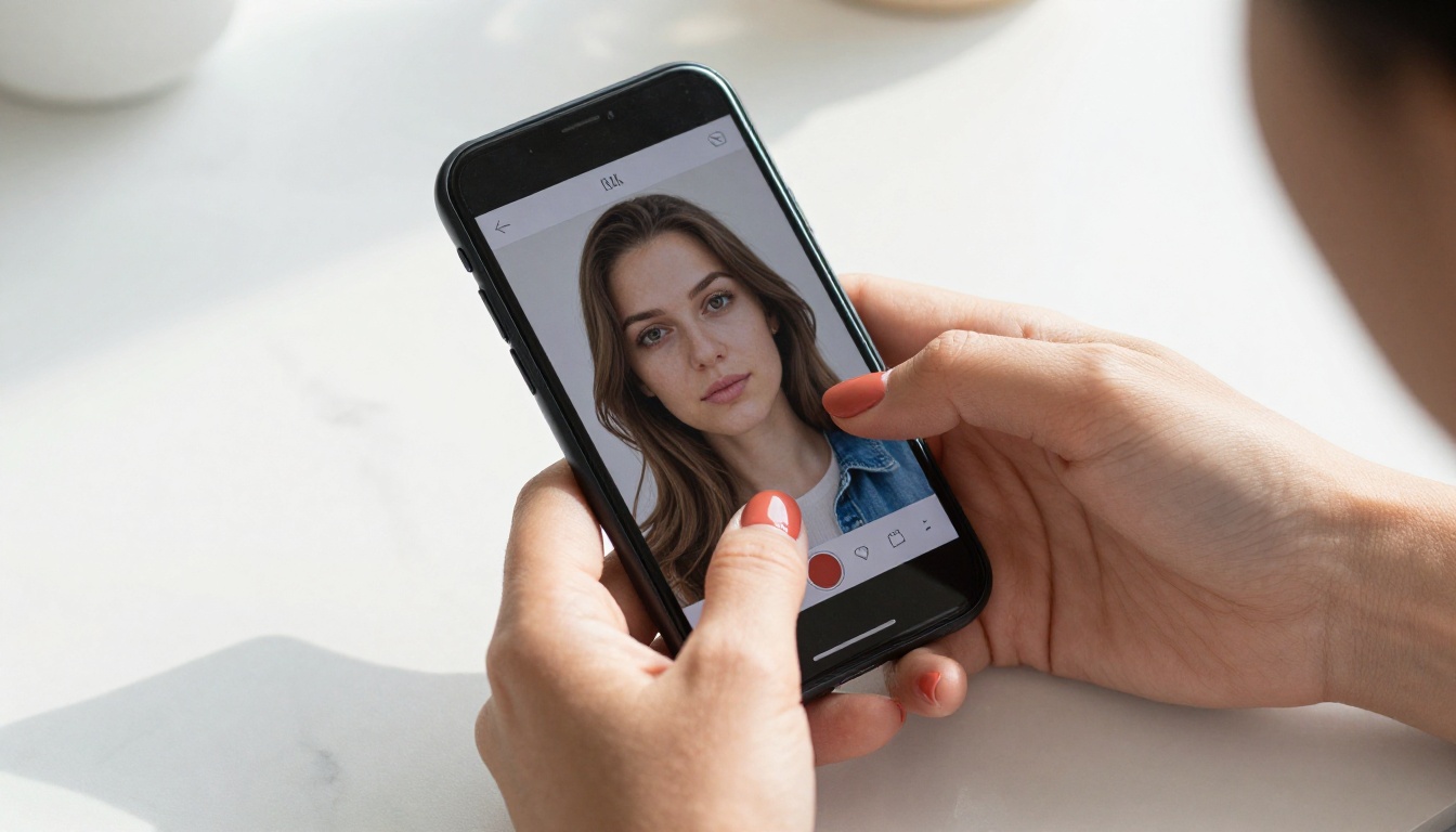 Woman holding smartphone with AI generation interface, natural hand skin detail close-up